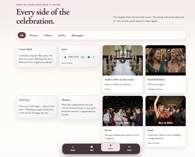 Wedding Guestbook Live wall with guest photos, videos, audio, and messages
