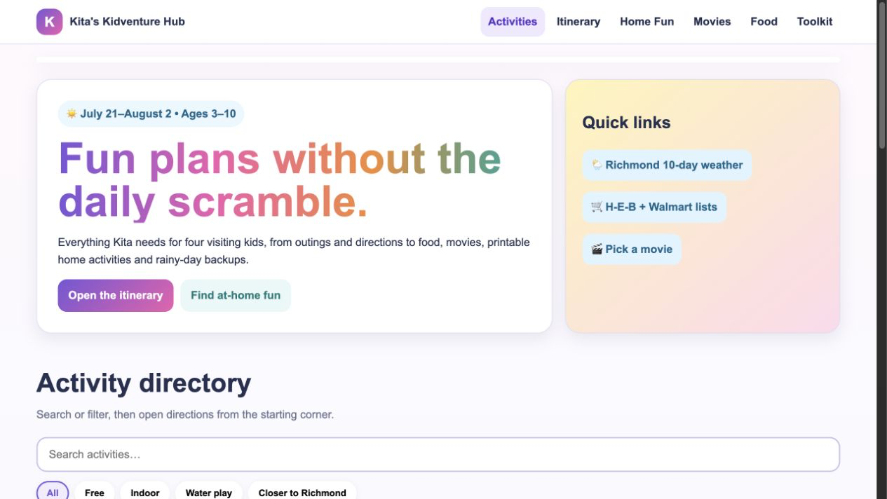 Kita's Kidventure activity dashboard