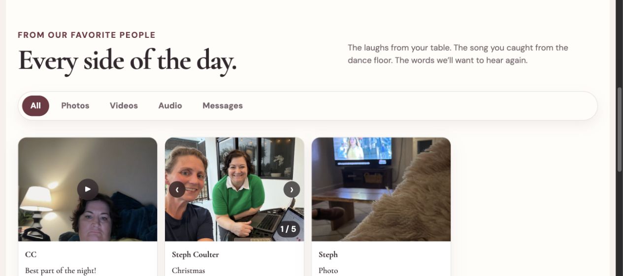Guestbook Live gallery with guest photos, videos, audio, and messages
