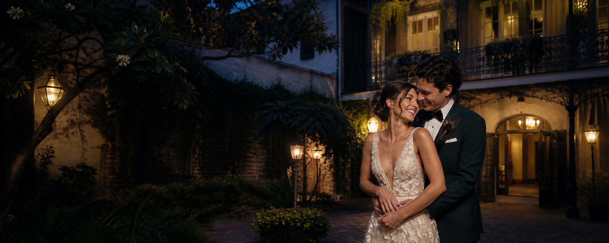 Bea and Milo together in a lantern-lit New Orleans courtyard