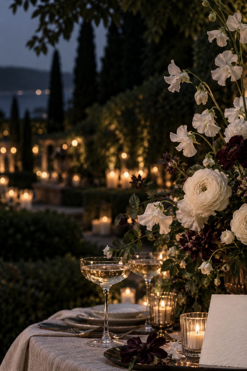 An elegant candlelit garden table with ivory and plum flowers