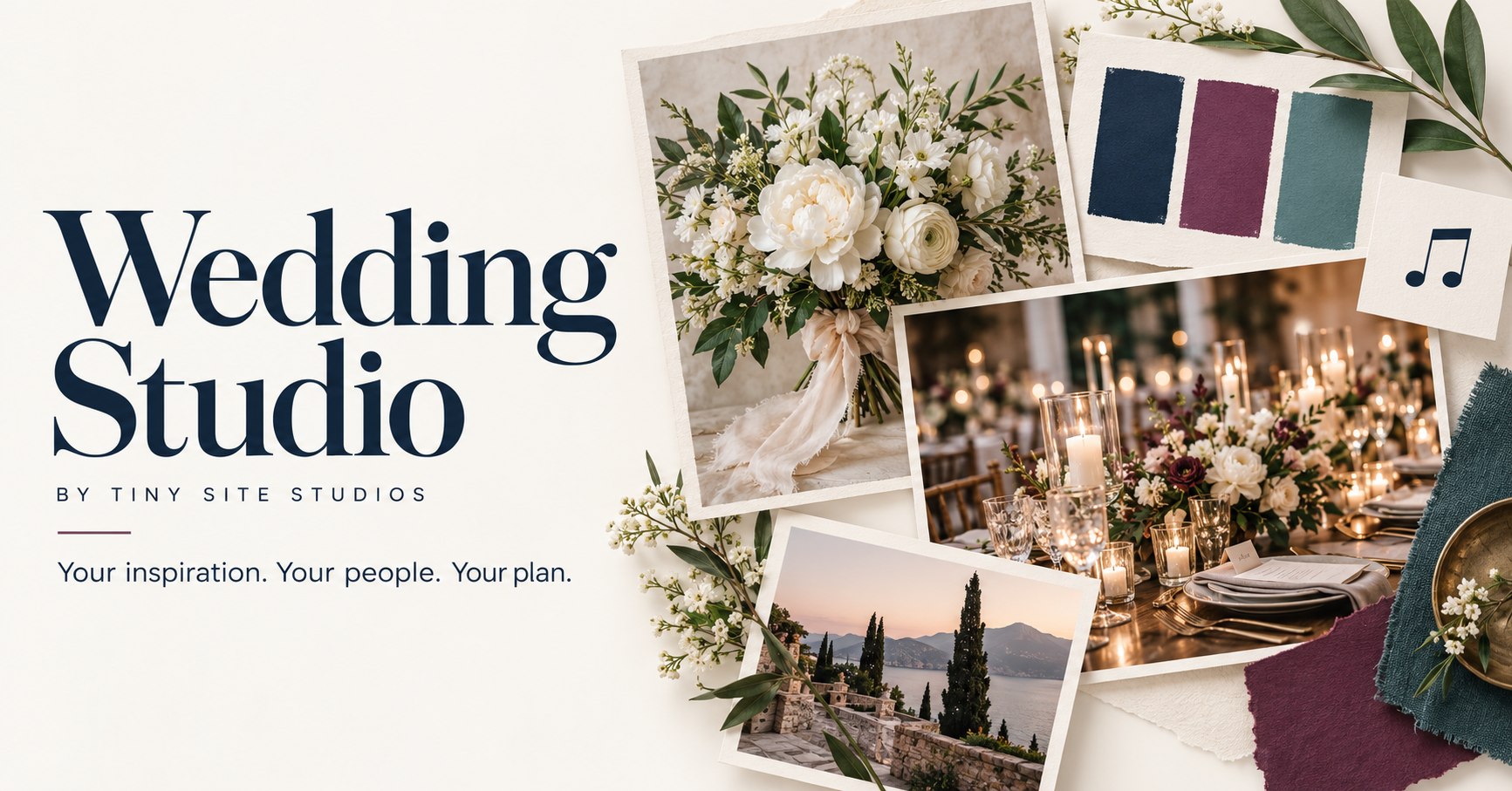 Wedding inspiration canvas with floral photos, candlelight, notes, and color swatches